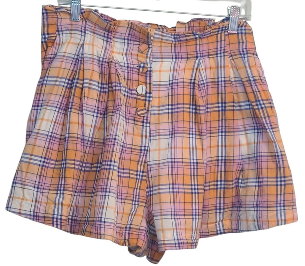 Free People Plaid Sz M Pleated Ruffle Button Micro Shorts Retro Y2K Preppy Fun